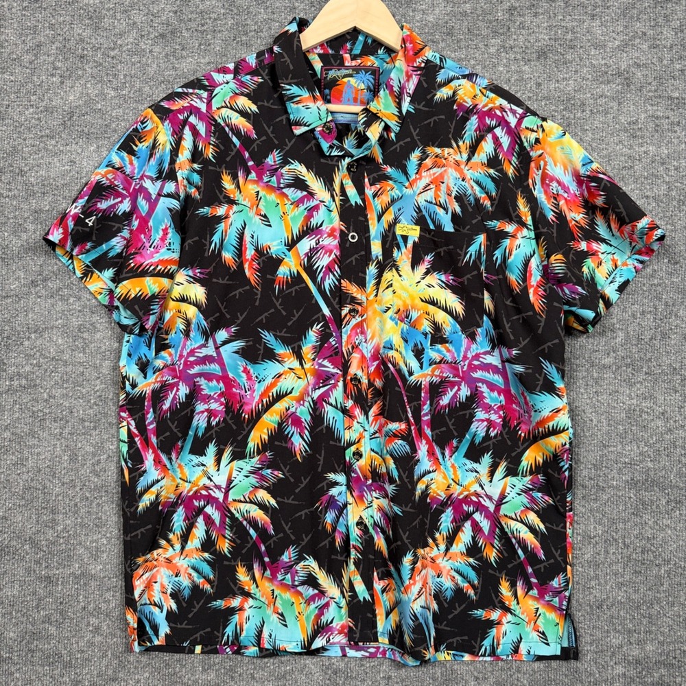 Retro Rifle Aks And Vacays Mens Sz XL Shirt Black Hawaiian Palm Trees Button Up
